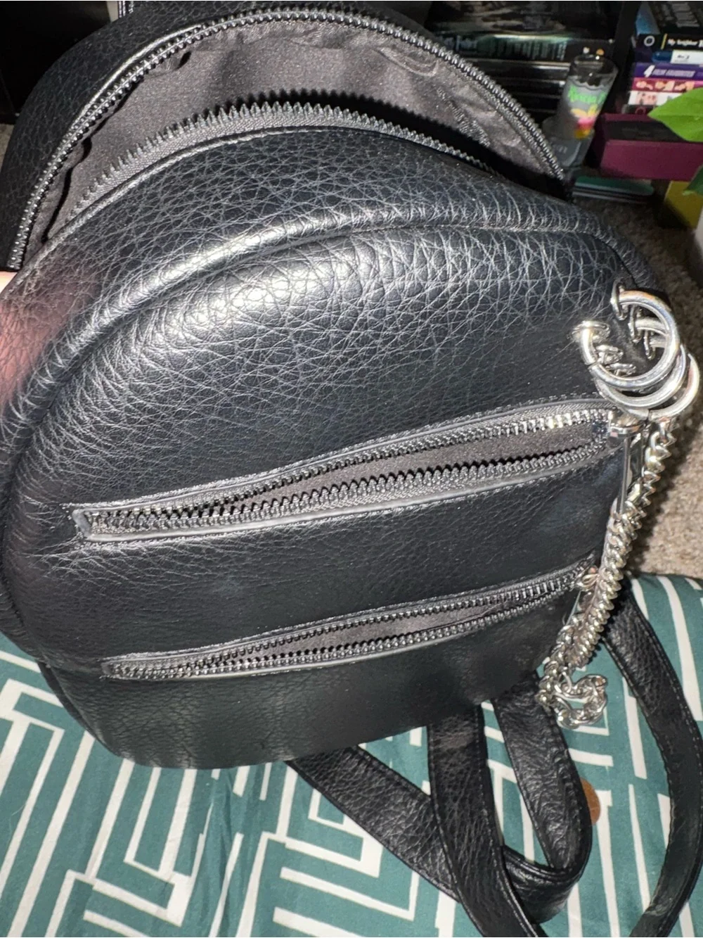 Black Mini Backpack with Silver Chain Detail